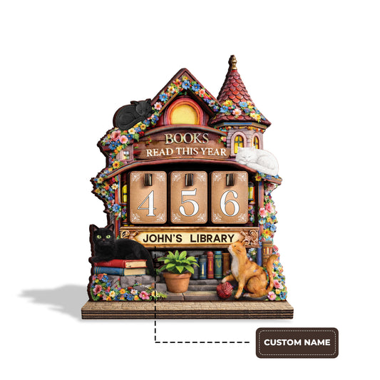 Personalized Book Tracker Sign, Whimsical Cat Cottage, Floral Home Decor