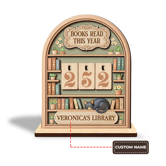 Personalized Book Tracker Sign, Sleeping Cat & Plants, Cozy Library Decor