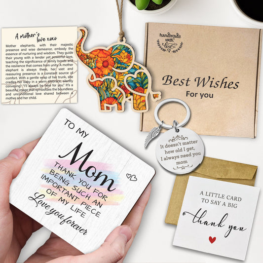 To My Mom – Handmade Gift Set with Love | Elephant Ornament, Keychain & Thank-You Card