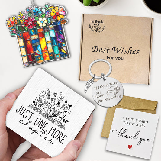 Book Lover Gift Set – ‘Just One More Chapter’ Plaque, Stained Glass Bookmark & Reading Keychain