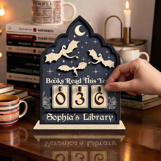 Personalized Book Tracker Sign, Flying Dragons Night Sky, Reader Gift