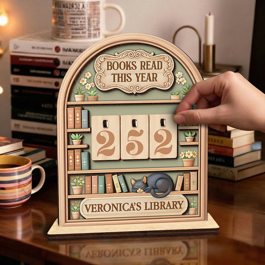 Personalized Book Tracker Sign, Sleeping Cat & Plants, Cozy Library Decor