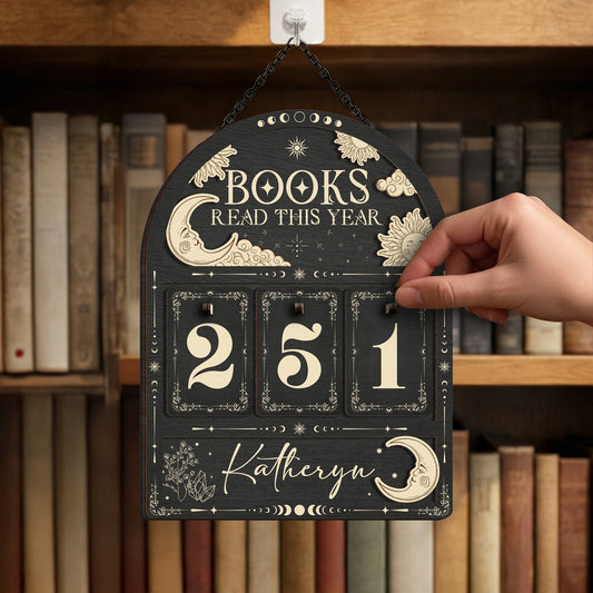 Personalized Books Tracker Sign, Sun & Moon Wood Art, Library Decor