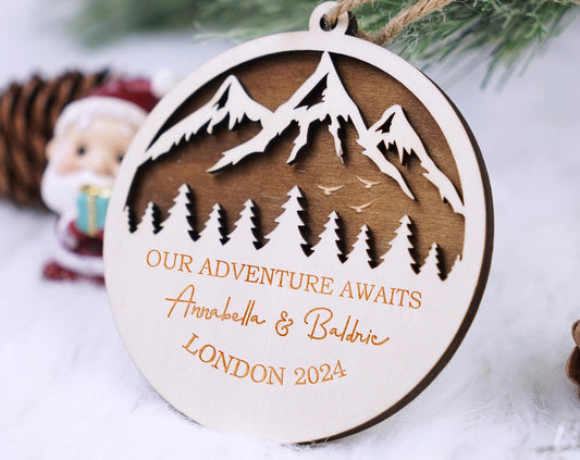 Personalized Mountains Landscape Christmas Ornament Our Adventure Awaits Custom Names Wooden Decorations Couple Ornament Holiday Decor