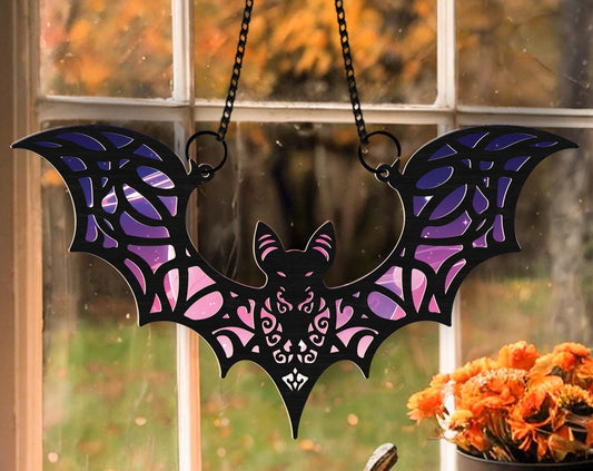 Personalized Gothic Bat Suncatcher, Halloween Bat Ornament, Spooky Bat Halloween Decor, Acrylic Light Catcher Window Hanging, Bat Lover Gift