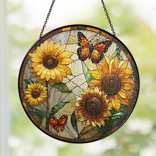 Monarch Butterflies Sunflowers Stained Glass Suncatcher, Butterfly Light Catcher Gifts for Mom Grandma Women, Indoor Decor Window Hanging