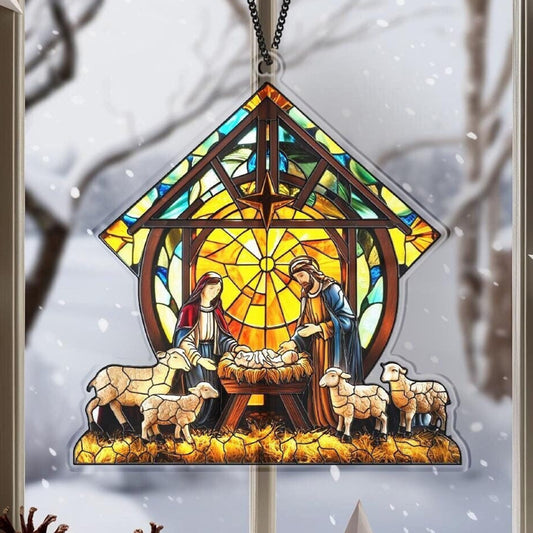 Christmas Nativity Scene Suncatcher,Faux Stained Acrylic Christian Ornament,Nativity Jesus Xmas Decor,Holiday Religious Gift,Window Hanging