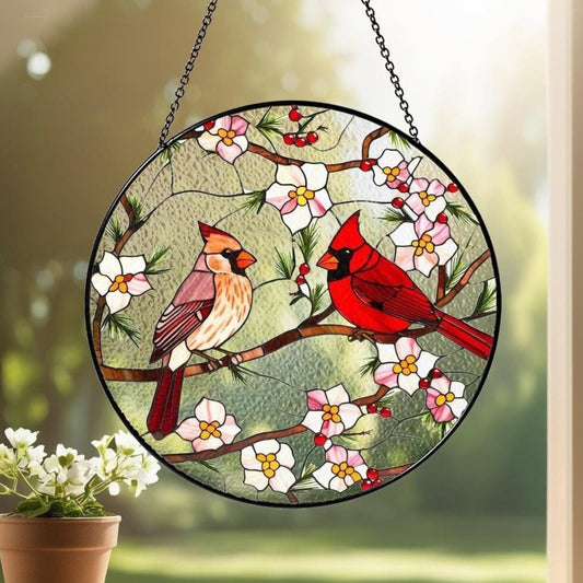 Cardinal Stained Glass Suncatcher,Window Hanging,Bird Lover,Bird Glass Art,Home Decor,Male & Female Cardinal,Memorial Suncatcher,Women Gift