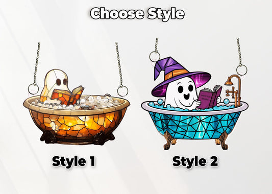 Cute Ghost Reading Book Bathroom Suncatcher,Window Hanging,Halloween Spooky,Boo Book Lover Gift,Ghost In Bathtub,Home Decor,Halloween Gift