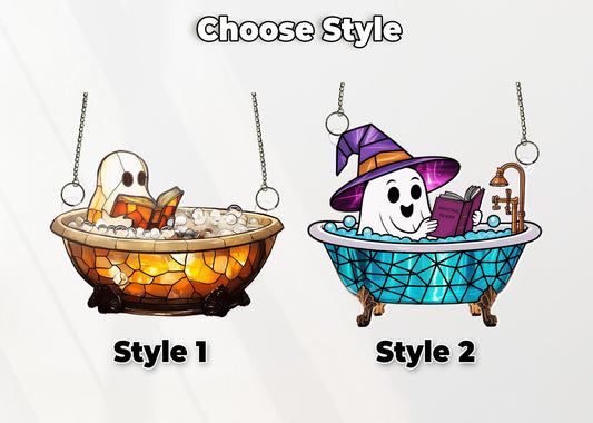 Cute Ghost Reading Book in Bathtub Suncatcher,Window Hanging,Ghost Bathroom,Halloween Decor,Boo Book Lover Gift,Spooky Season Home Decor