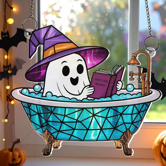 Cute Ghost Reading Book in Bathtub Suncatcher,Window Hanging,Ghost Bathroom,Halloween Decor,Boo Book Lover Gift,Spooky Season Home Decor