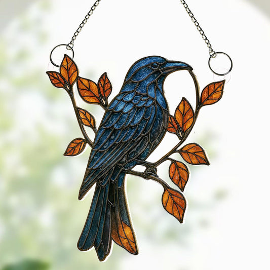 Black Raven On Branch Acrylic Suncatcher,Faux Stained Glass Window Decor,Mystical Crow Gothic Suncatcher,Dark Academia Home Decor,Spooky