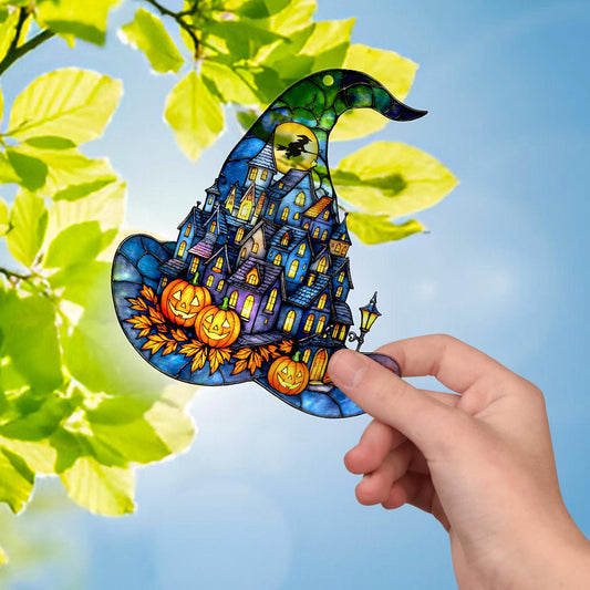 Witch Hat Village Acrylic Suncatcher,Faux Stained Glass Ornament Window Hanging,Spooky Home Decor For Halloween,Witch Hat Suncatcher Decor