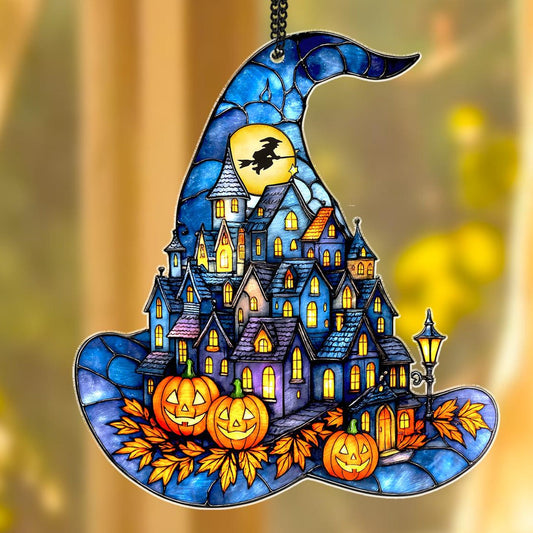 Witch Hat Village Acrylic Suncatcher,Faux Stained Glass Ornament Window Hanging,Spooky Home Decor For Halloween,Witch Hat Suncatcher Decor