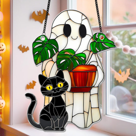 Cute Ghost Plant And Cat ACRYLIC Suncatcher,Ghost Monstra Window Hanging,Hangings Plant Lover Gift,Black Cat Lover,Mom Gift,Halloween Decor