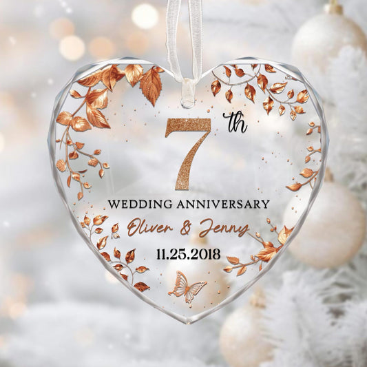 Personalized 7th Anniversary Gift, Copper Anniversary Glass Ornament, Wool Anniversary Gift, Wedding Gift for Couple, Gift for Husband Wife
