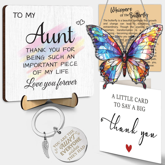Aunt Appreciation Gift Set – Butterfly Ornament, Wooden Plaque & Engraved Keychain