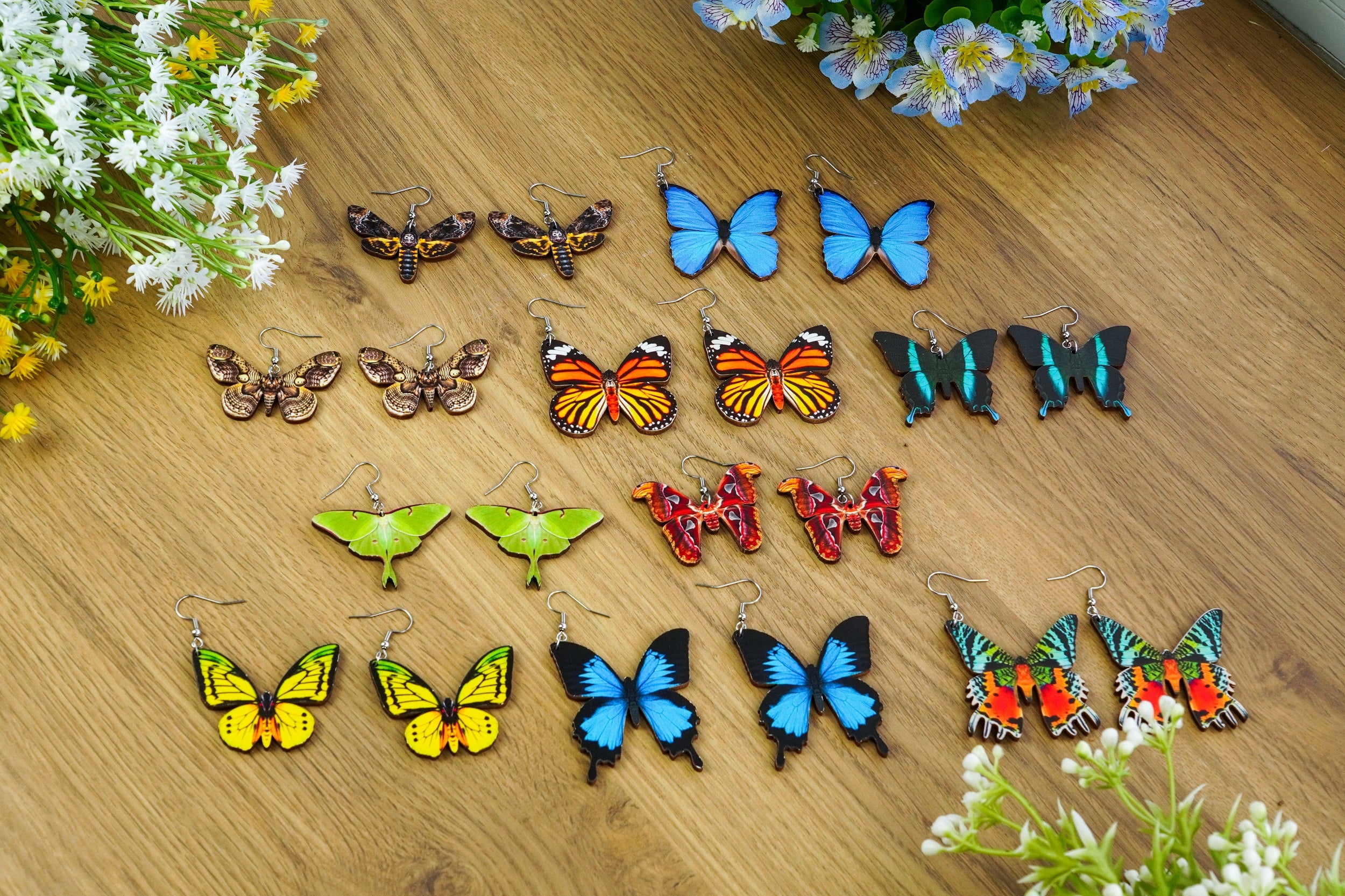 Woman Wooden Butterfly Jewelry Set Owl Moth Insect Necklace Earrings