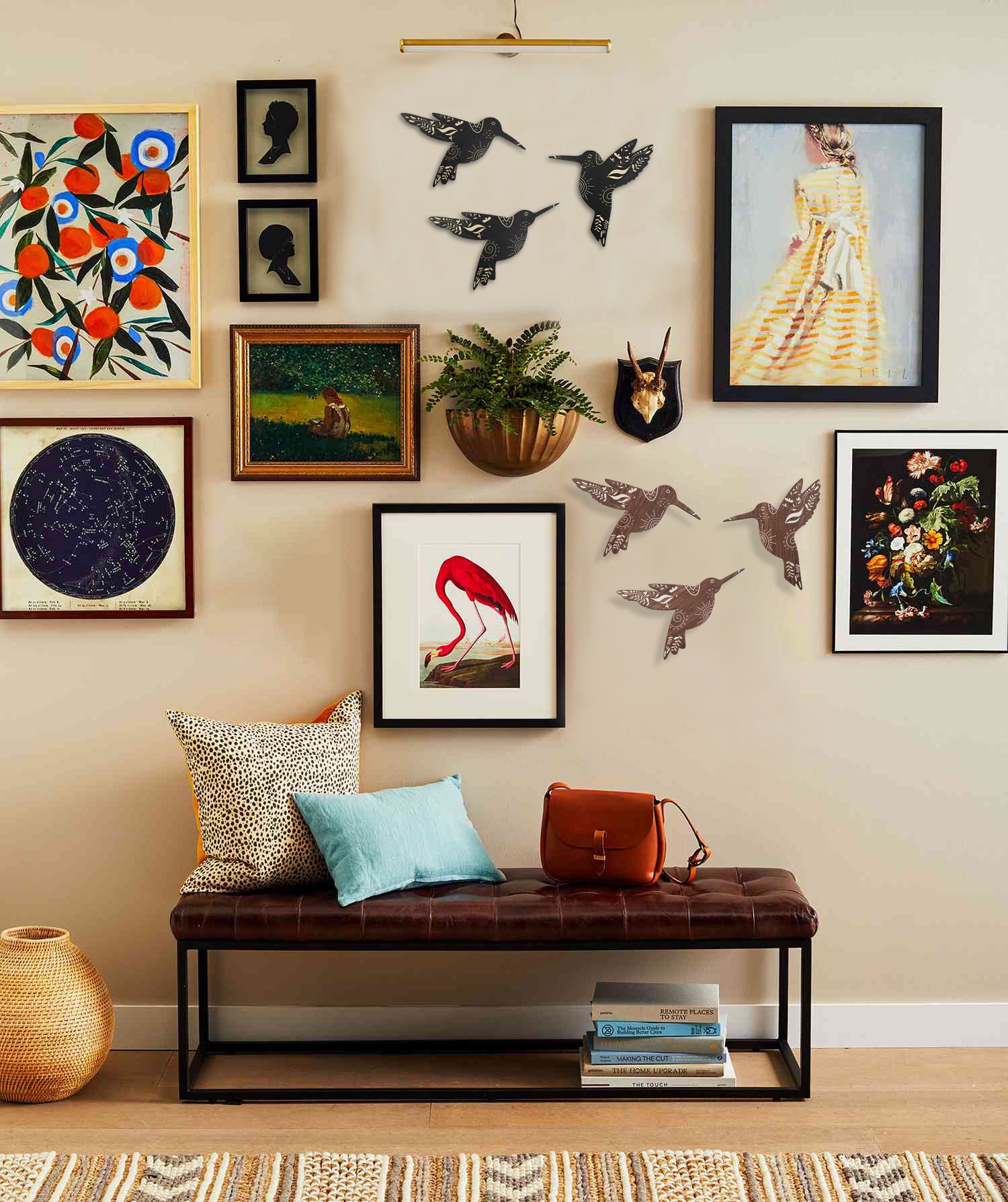 SET OF 6 BLACK AND BROWN HUMMINGBIRD WOOD WALL DECOR