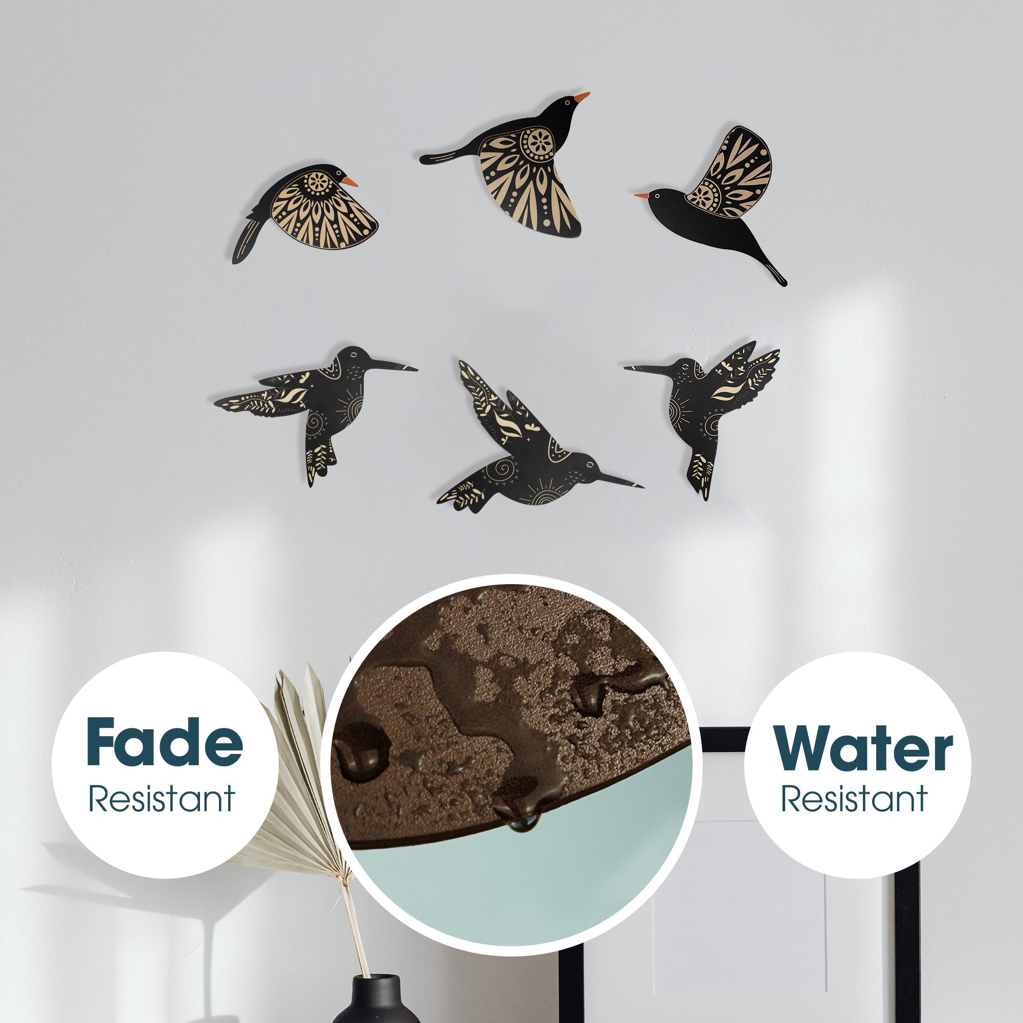 SET OF 6 BLACK BIRD WOOD WALL DECOR AND HUMMINGBIRD WALL DECOR WOODEN