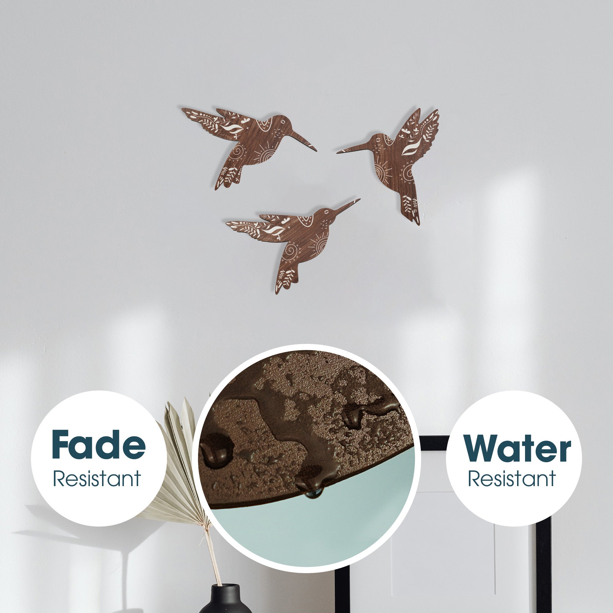 SET OF 3 BROWN HUMMINGBIRD WOOD WALL DECOR