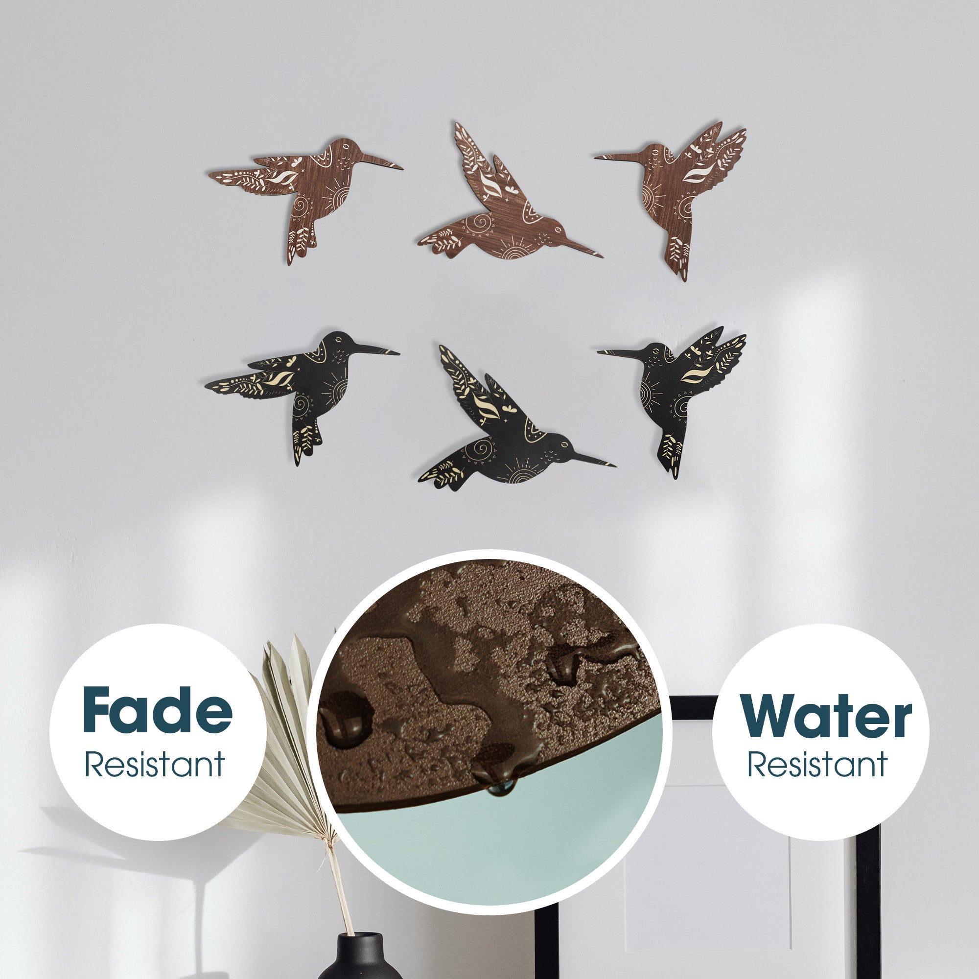 SET OF 6 BLACK AND BROWN HUMMINGBIRD WOOD WALL DECOR