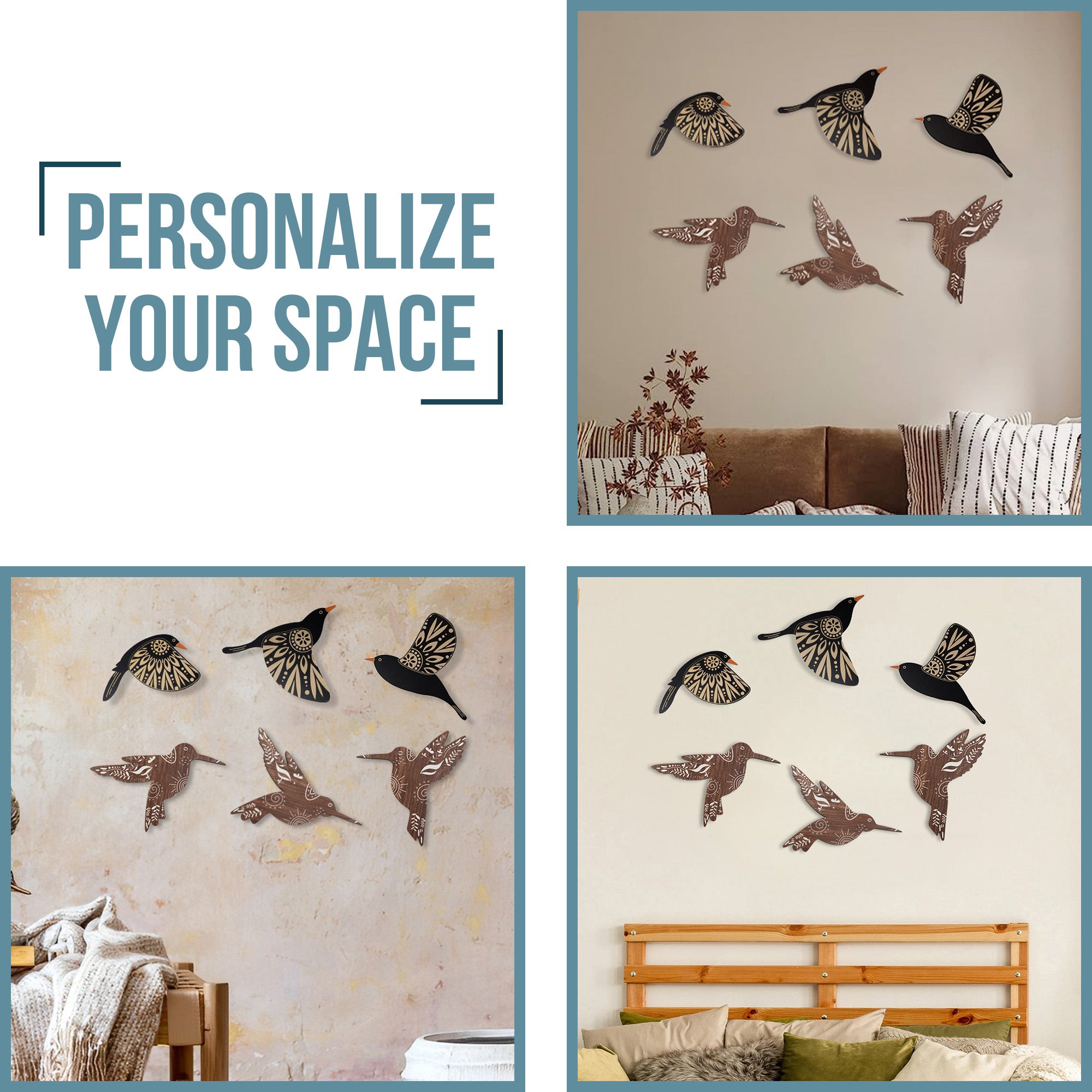 SET OF 6 BLACK BIRD WOOD WALL DECOR AND BROWN HUMMINGBIRD WALL DECOR WOODEN