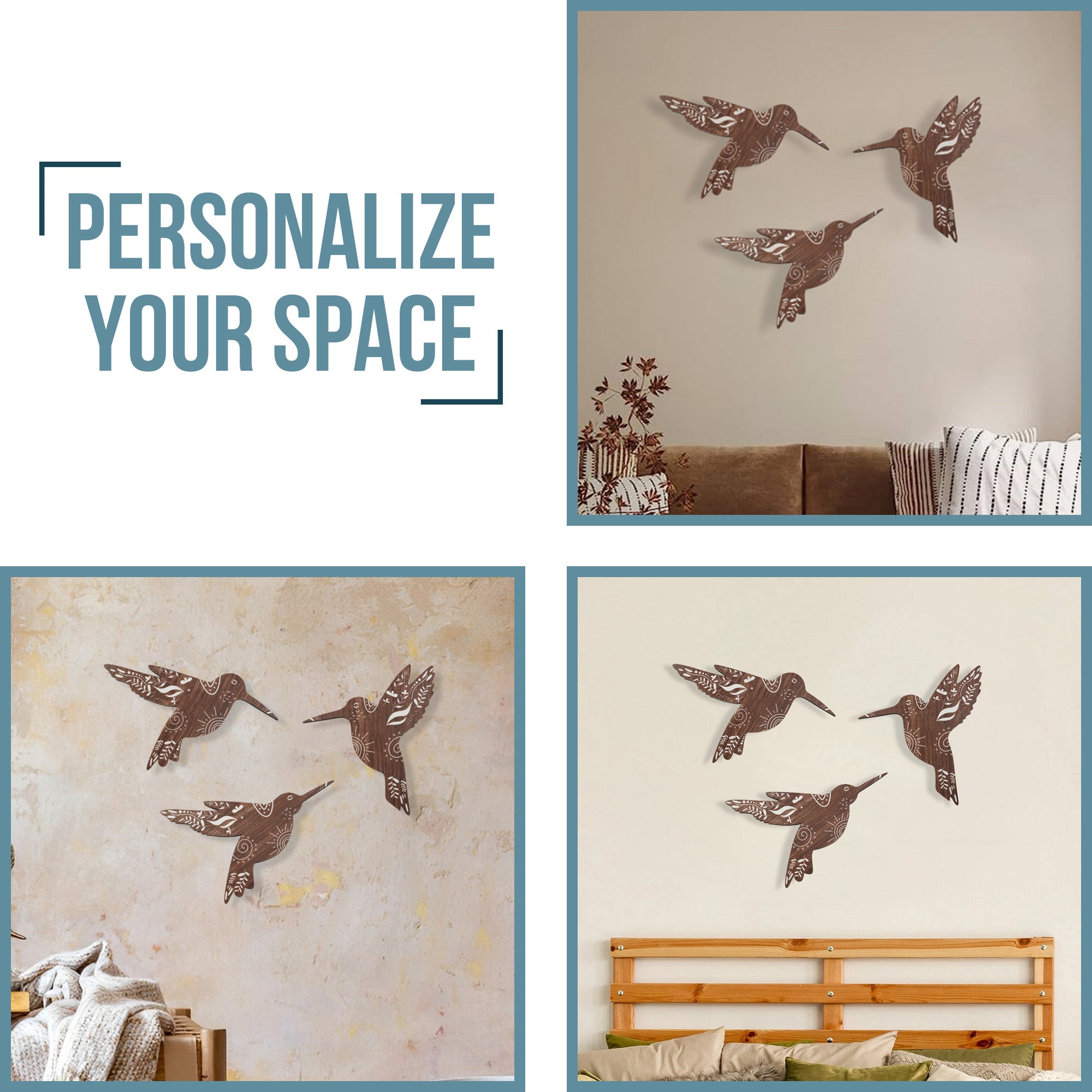 SET OF 3 BROWN HUMMINGBIRD WOOD WALL DECOR