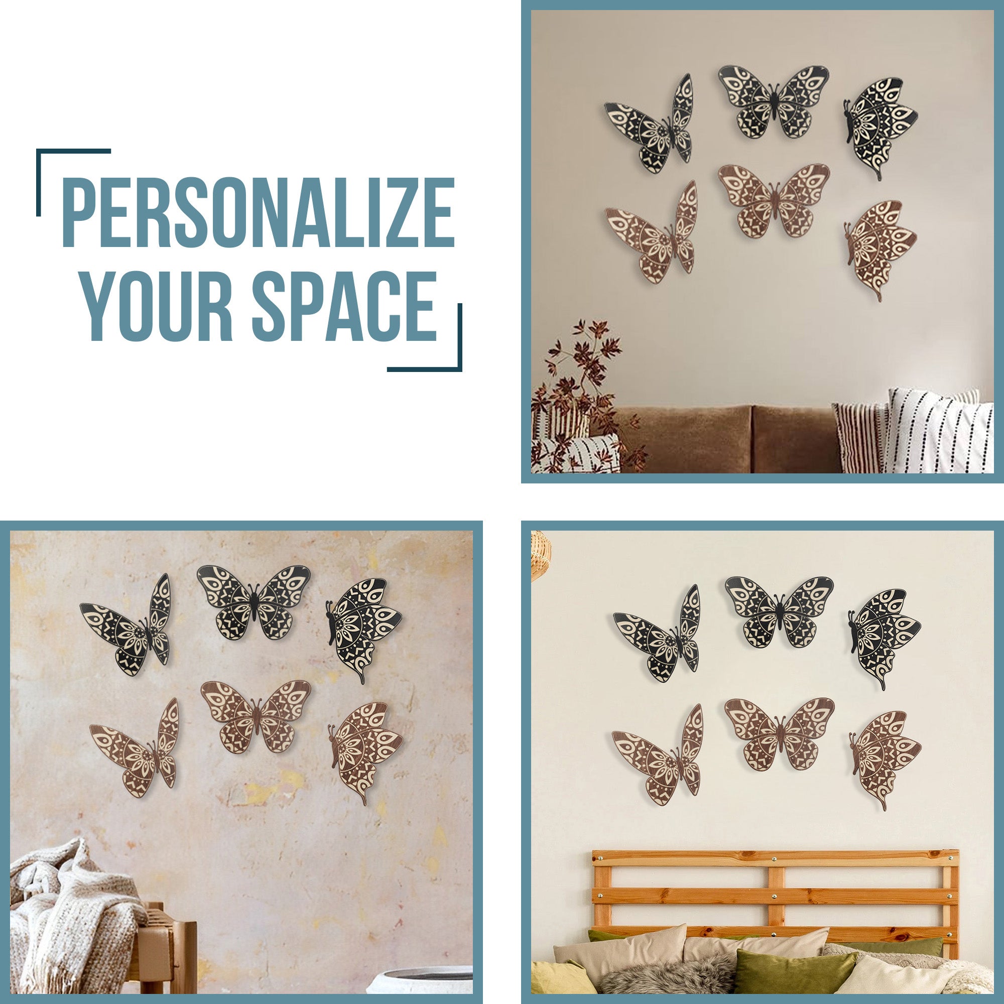 SET OF 6 BLACK AND BROWN BUTTERFLY WOOD WALL DECOR