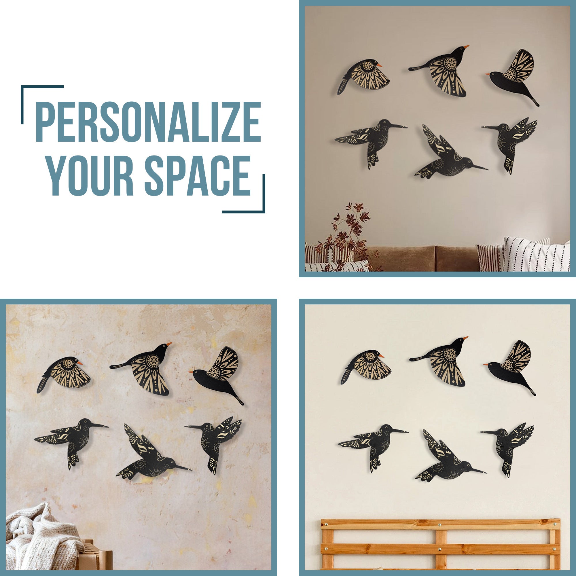 SET OF 6 BLACK BIRD WOOD WALL DECOR AND HUMMINGBIRD WALL DECOR WOODEN