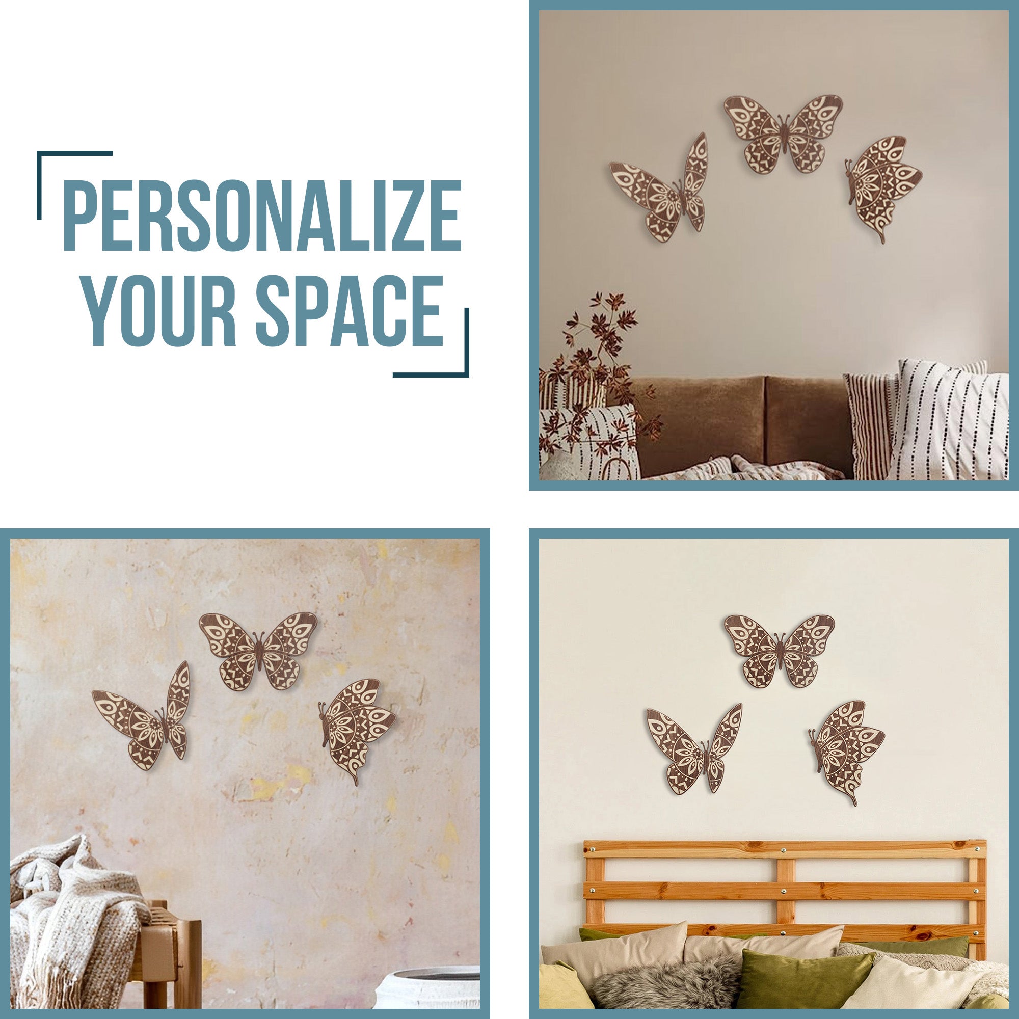 SET OF 3 BROWN BUTTERFLY WOOD WALL DECOR