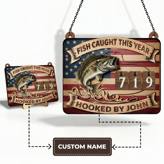Personalized Fishing Tracker Sign, Custom Name 3D Bass & American Symbol Decor