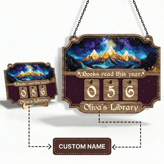 Personalized Book Tracker Sign, Starry Mountain Peaks, Bookish Gift