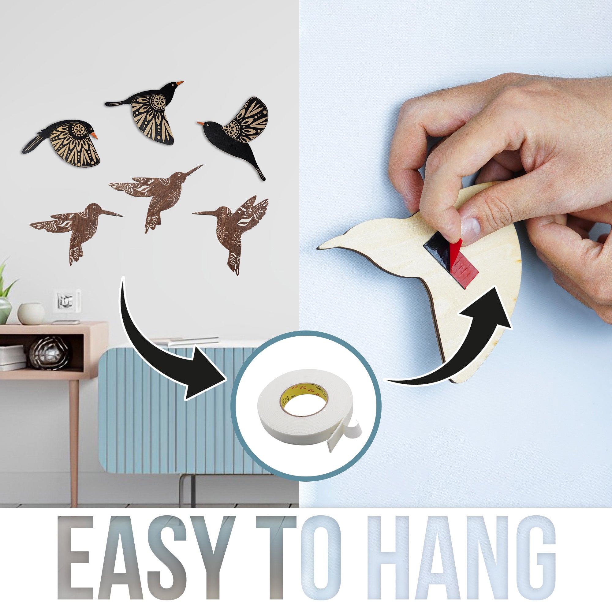 SET OF 6 BLACK BIRD WOOD WALL DECOR AND BROWN HUMMINGBIRD WALL DECOR WOODEN