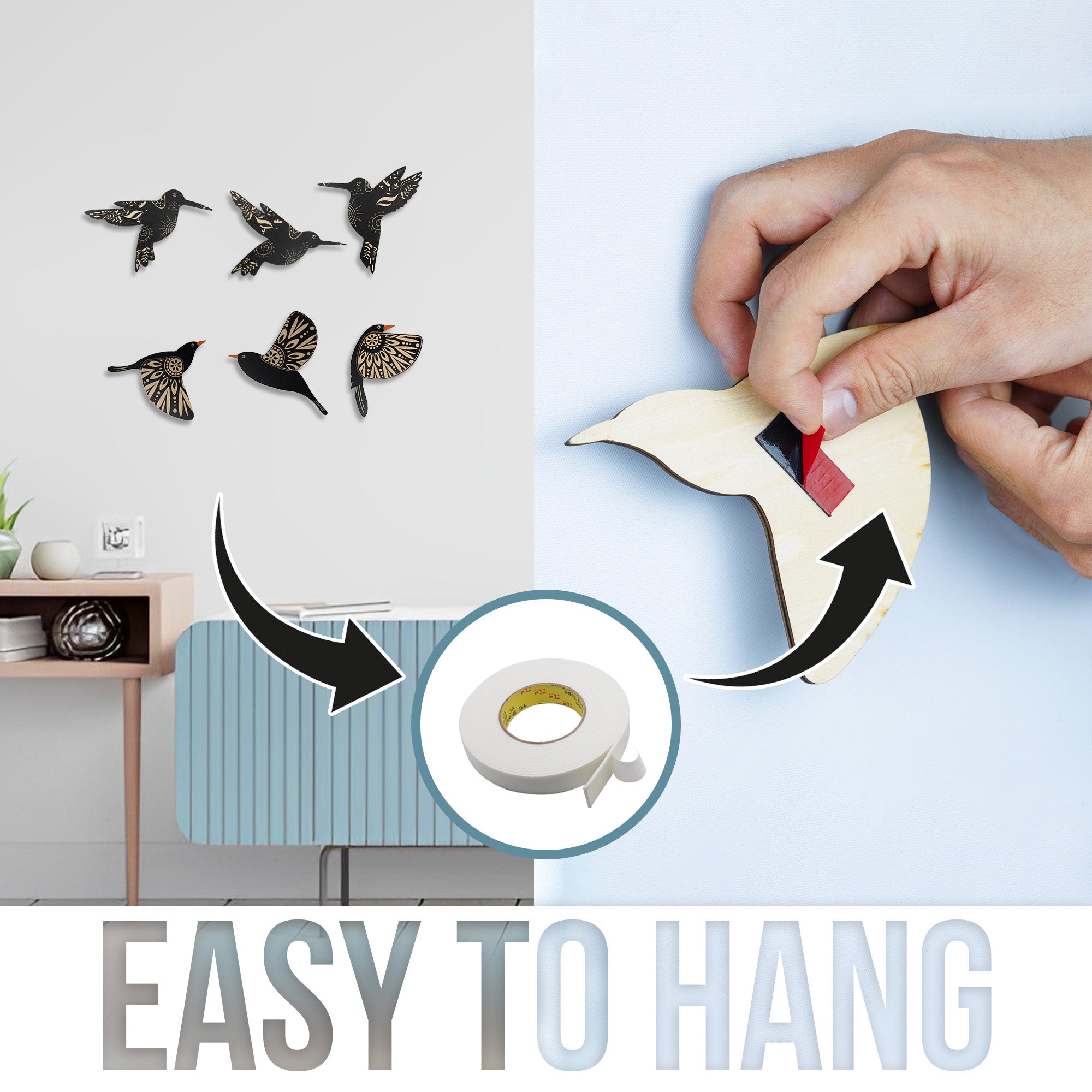 SET OF 6 BLACK BIRD WOOD WALL DECOR AND HUMMINGBIRD WALL DECOR WOODEN