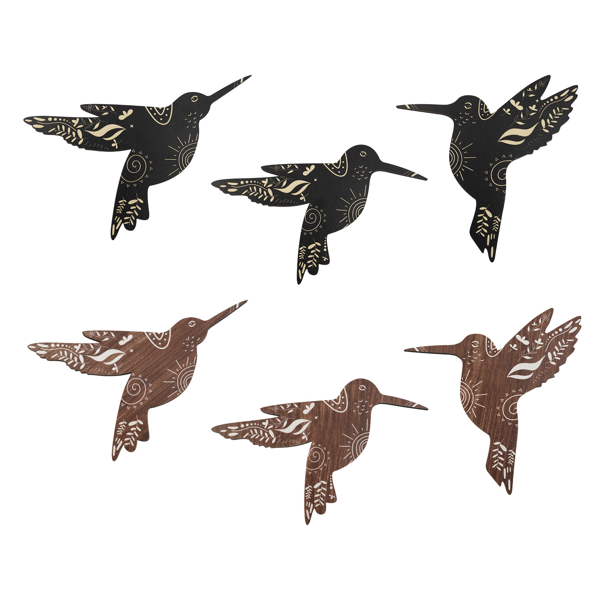 SET OF 6 BLACK AND BROWN HUMMINGBIRD WOOD WALL DECOR