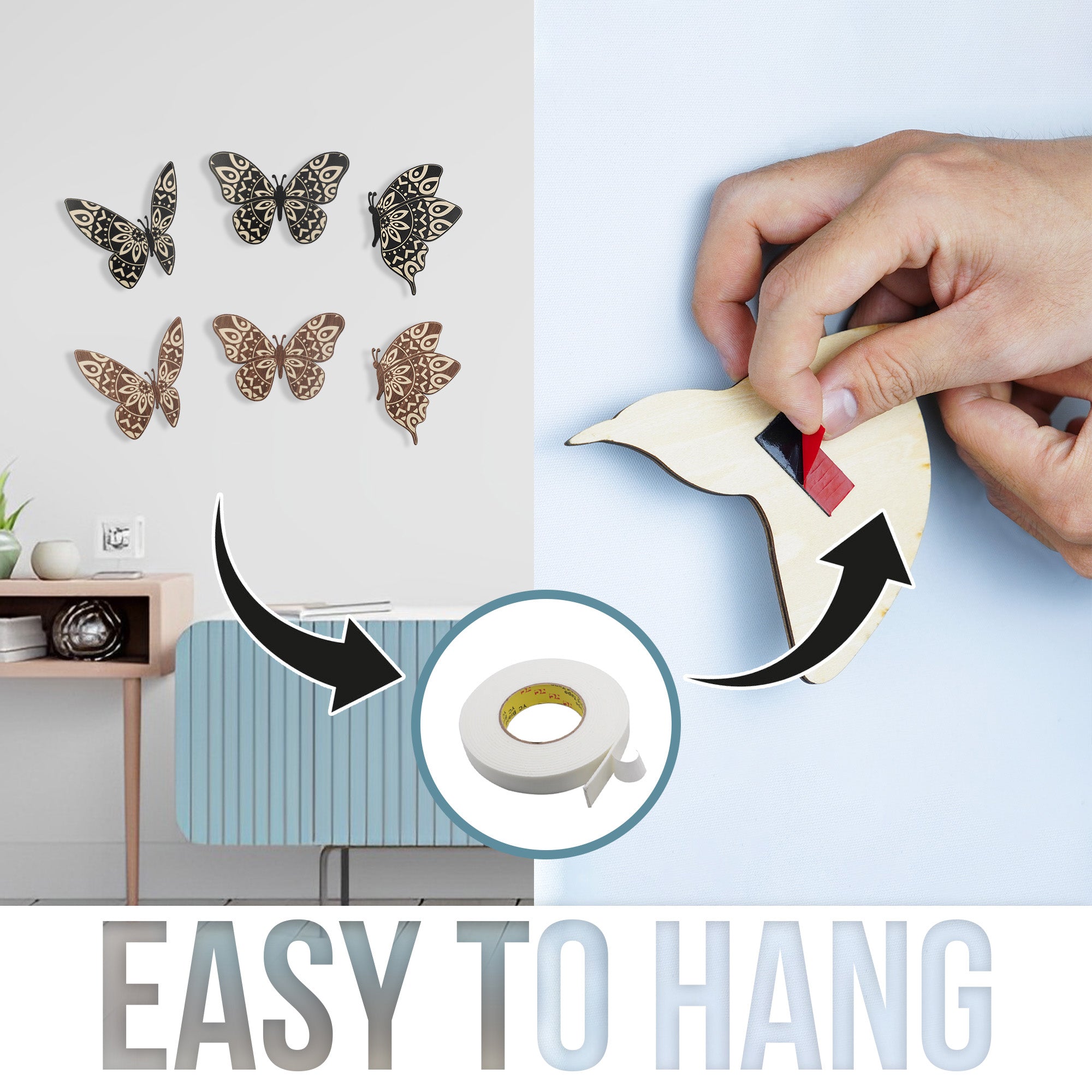 SET OF 6 BLACK AND BROWN BUTTERFLY WOOD WALL DECOR