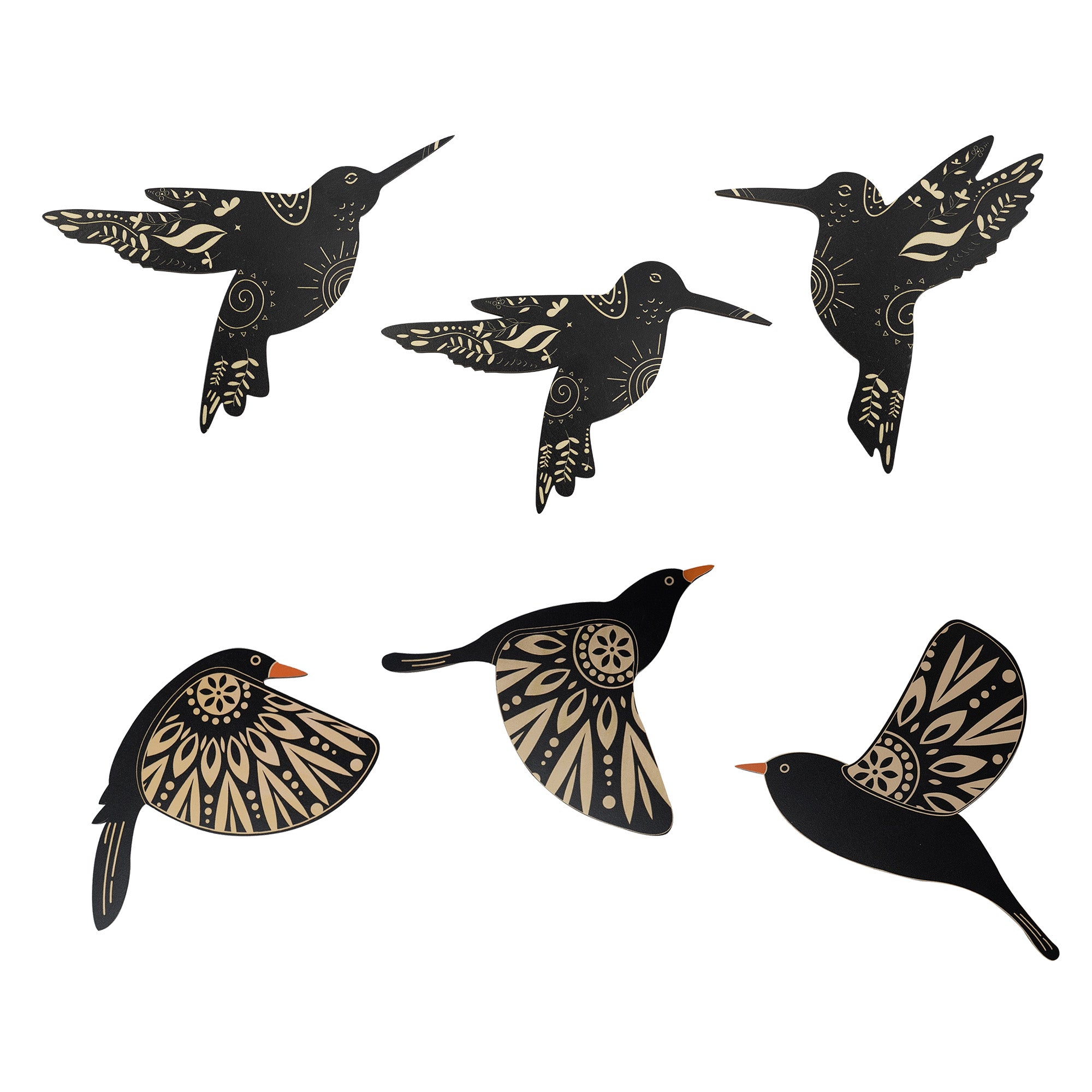 SET OF 6 BLACK BIRD WOOD WALL DECOR AND HUMMINGBIRD WALL DECOR WOODEN