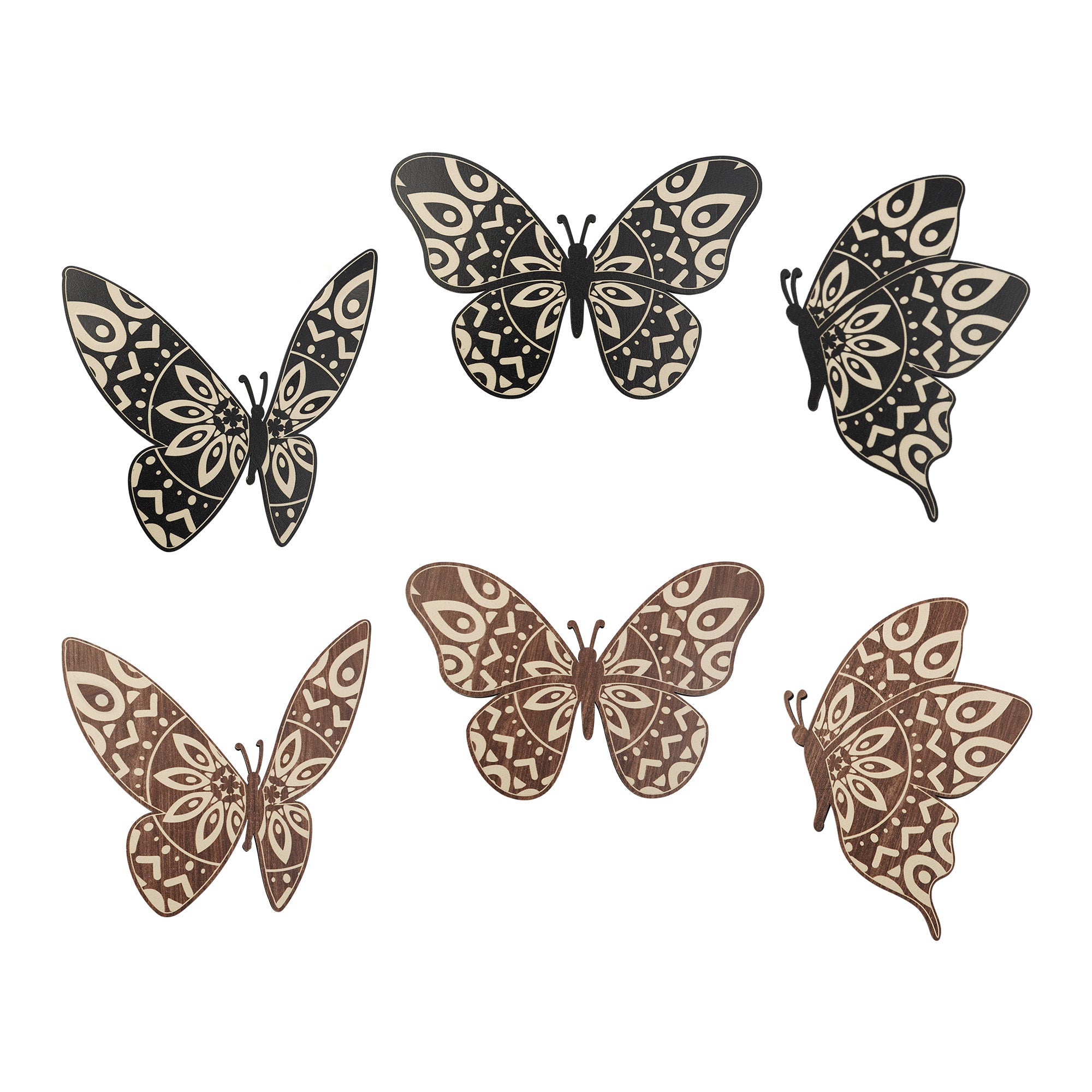 SET OF 6 BLACK AND BROWN BUTTERFLY WOOD WALL DECOR