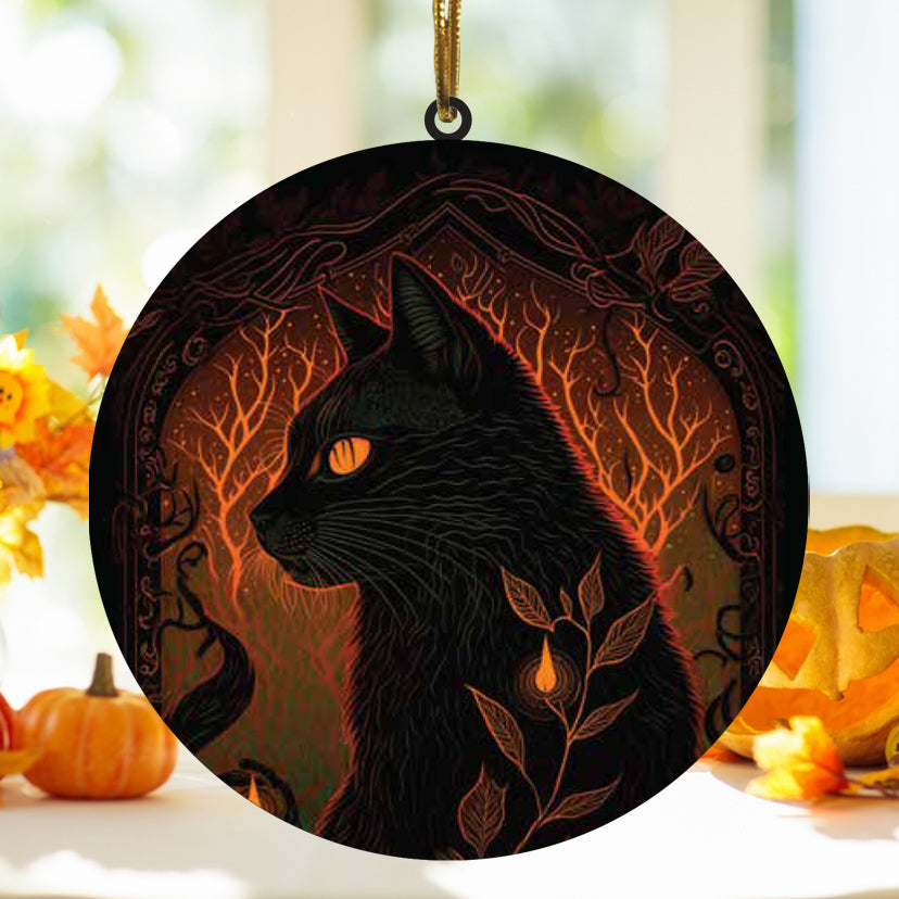 Stained Acrylic Black Cat Suncatcher Halloween Gothic Decor, Home Decoration Panel Window Wall Hanging Ornament for Home, Office, Kitchen, Living Room