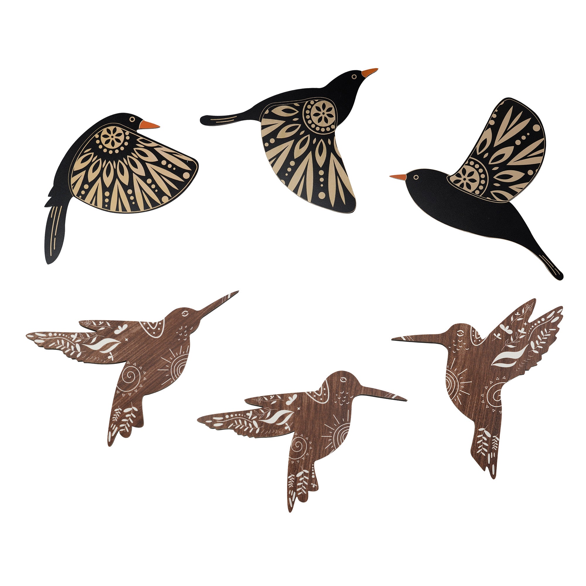 SET OF 6 BLACK BIRD WOOD WALL DECOR AND BROWN HUMMINGBIRD WALL DECOR WOODEN