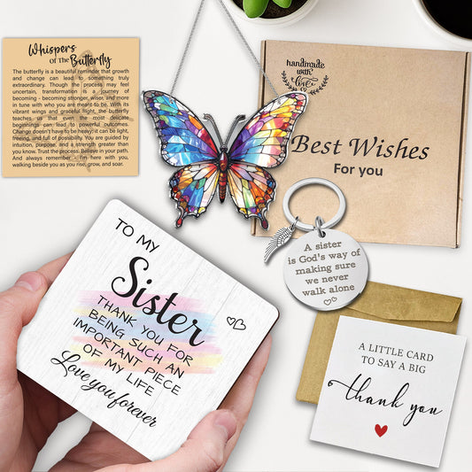 Sister Appreciation Gift Set – Butterfly Ornament, Engraved Keychain & Heartfelt Plaque