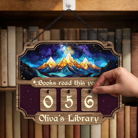 Personalized Book Tracker Sign, Starry Mountain Peaks, Bookish Gift