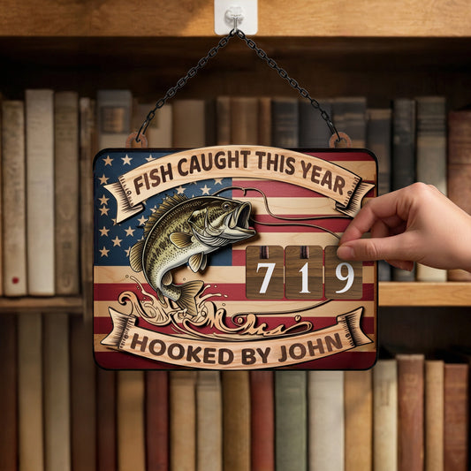 Personalized Fishing Tracker Sign, Custom Name 3D Bass & American Symbol Decor