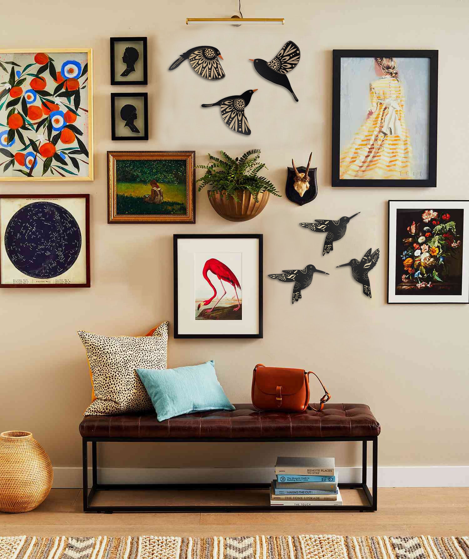 SET OF 6 BLACK BIRD WOOD WALL DECOR AND HUMMINGBIRD WALL DECOR WOODEN