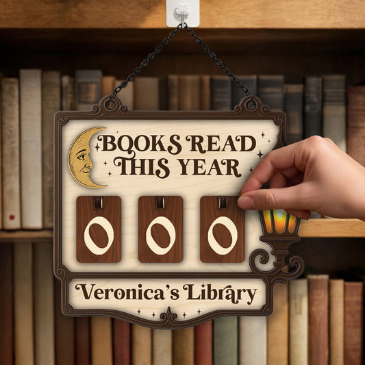 Personalized Book Tracker Sign, Vintage Lantern & Moon, Cozy Wall Decor