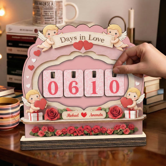 Personalized Days in Love Tracker Sign, Cute Cupids & Roses, Pink Couple Gift