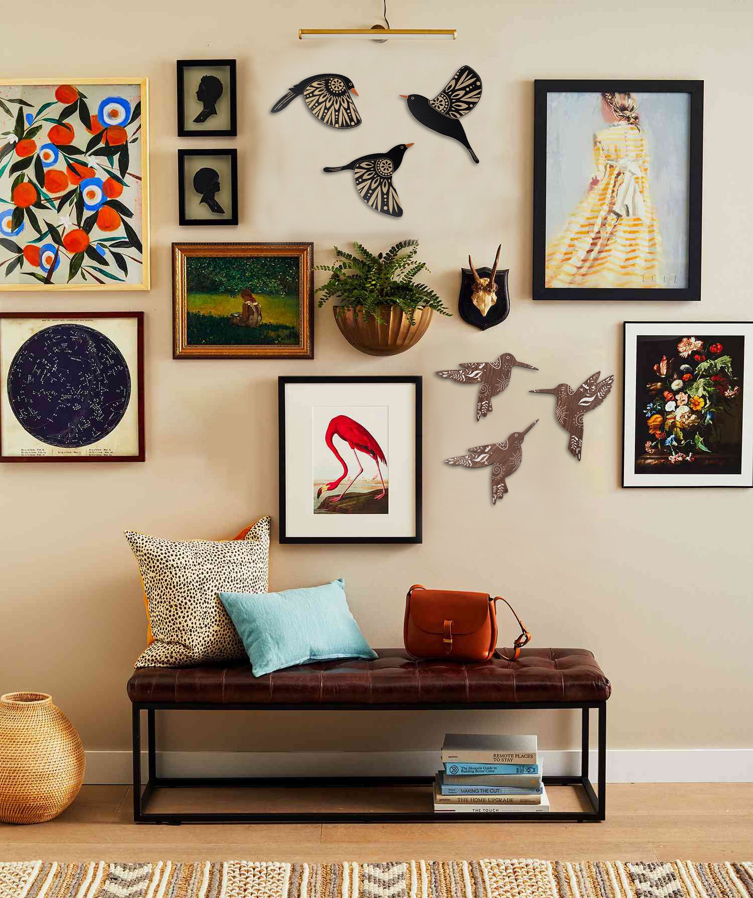 SET OF 6 BLACK BIRD WOOD WALL DECOR AND BROWN HUMMINGBIRD WALL DECOR WOODEN