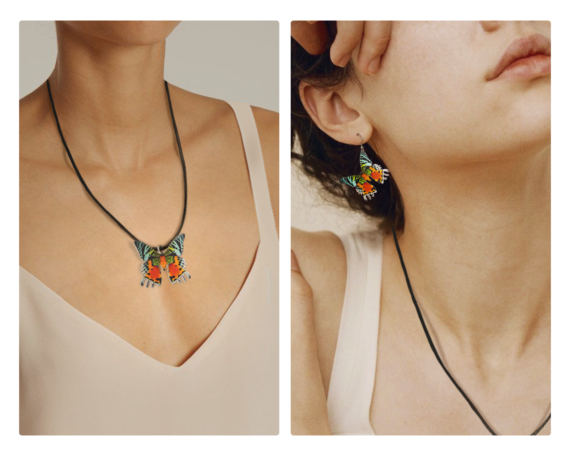 Woman Wooden Butterfly Jewelry Set Sunset Moth Urania Ripheus Monarch Butterfly