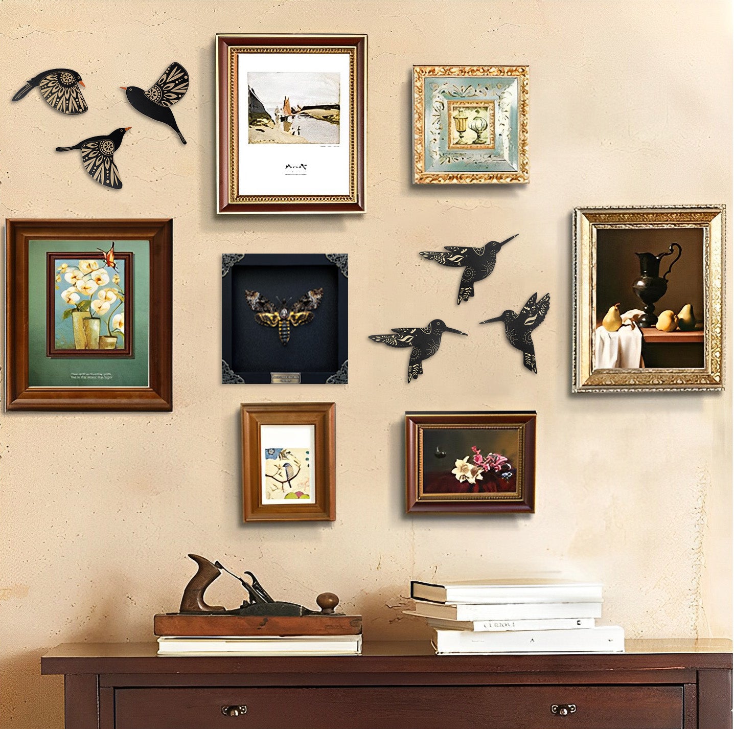 SET OF 6 BLACK BIRD WOOD WALL DECOR AND HUMMINGBIRD WALL DECOR WOODEN